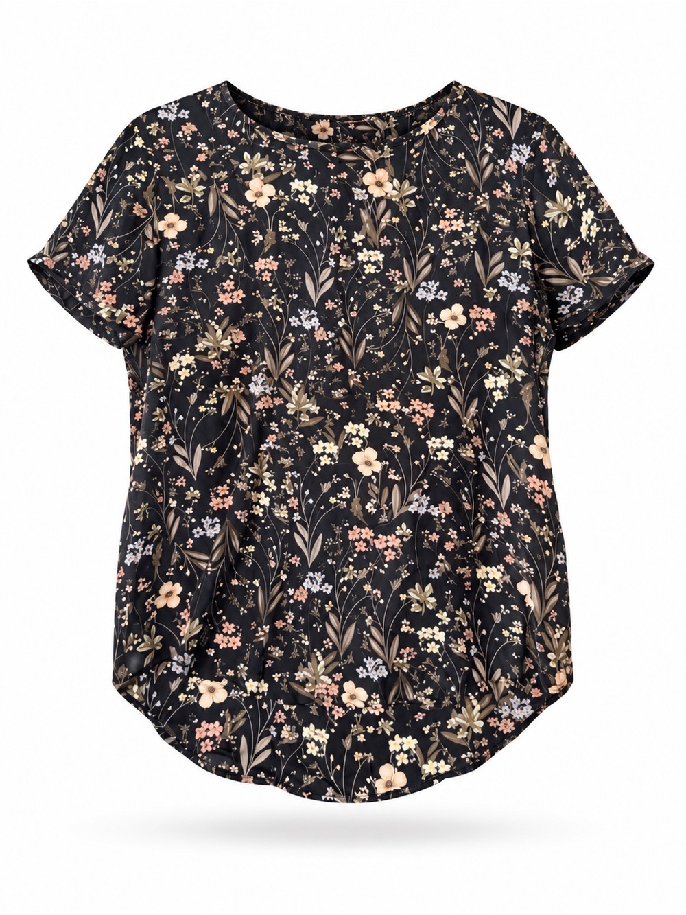 Joe Fresh 100% silk floral multicolor black crewneck short sleeve blouse XS